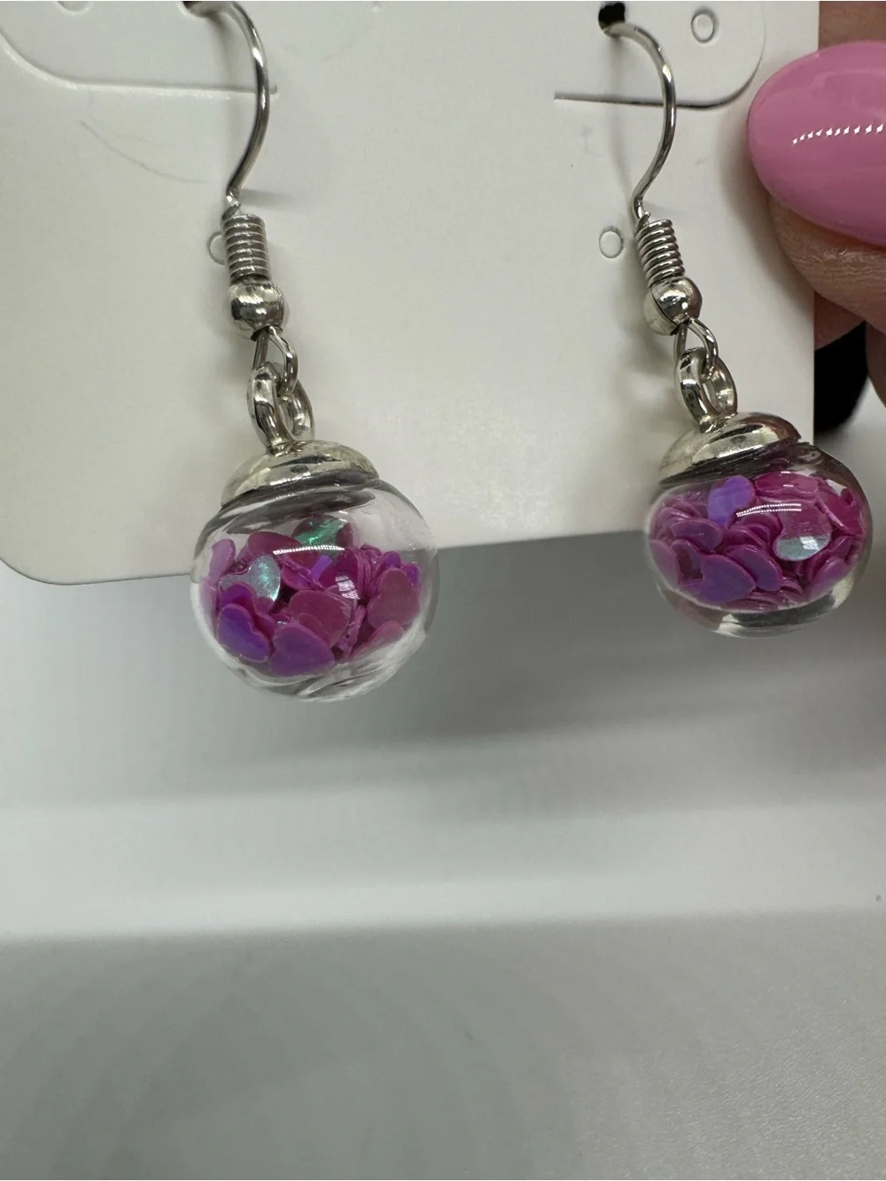 Kid’s Pink Glass Globe Dangle Earrings -filled with iridescent heart confetti